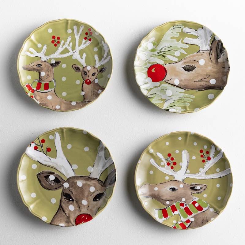 Deer Portrait Dessert Plates, Set of 4 - Green